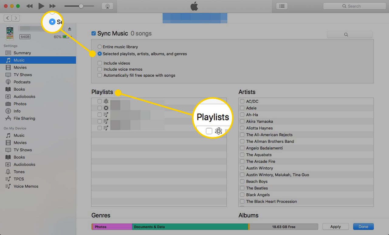 Οθόνη μουσικής στο iTunes με επισημασμένο το κουμπί Επιλεγμένες λίστες αναπαραγωγής
