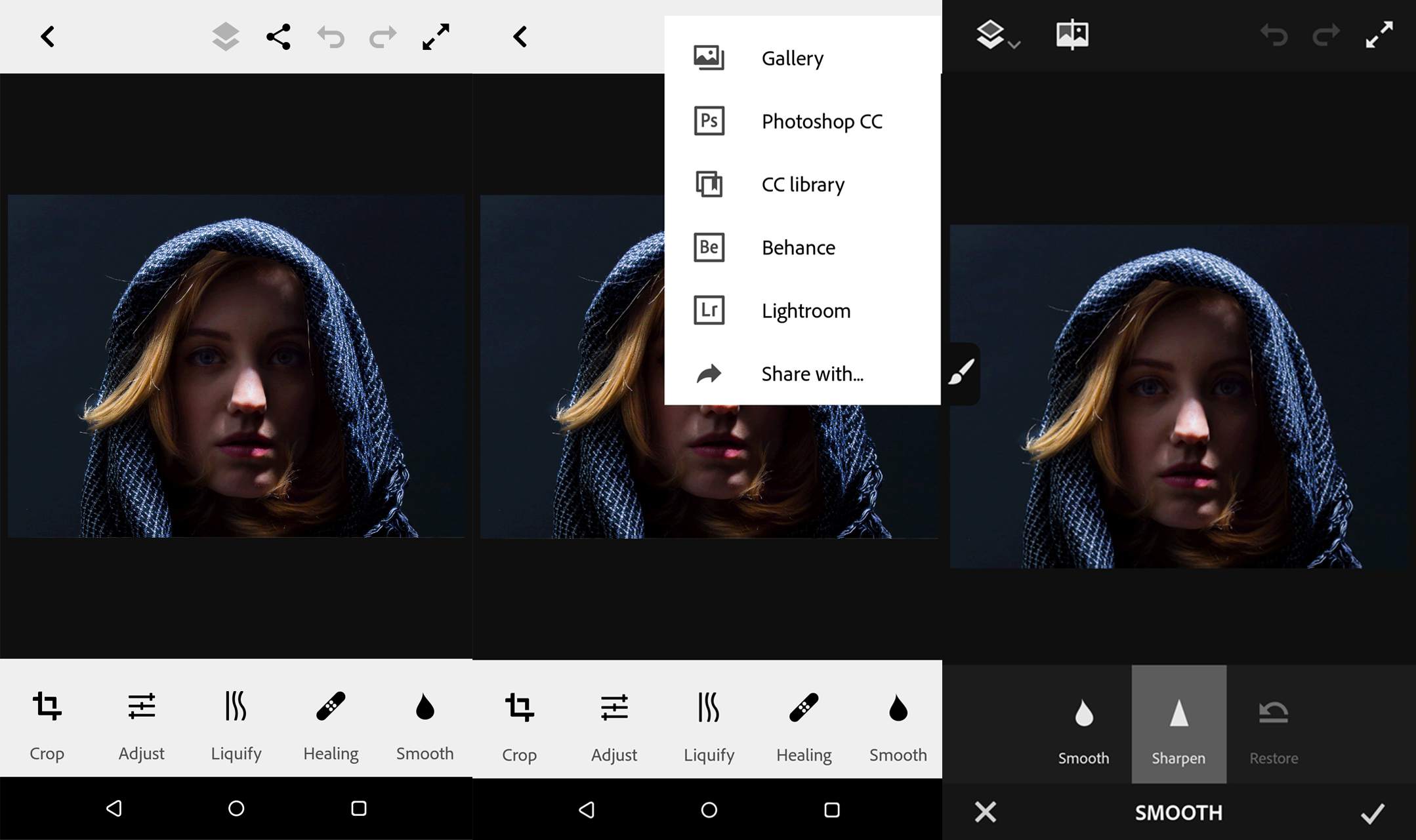 3 στιγμιότυπα οθόνης του Adobe Photoshop Fix.