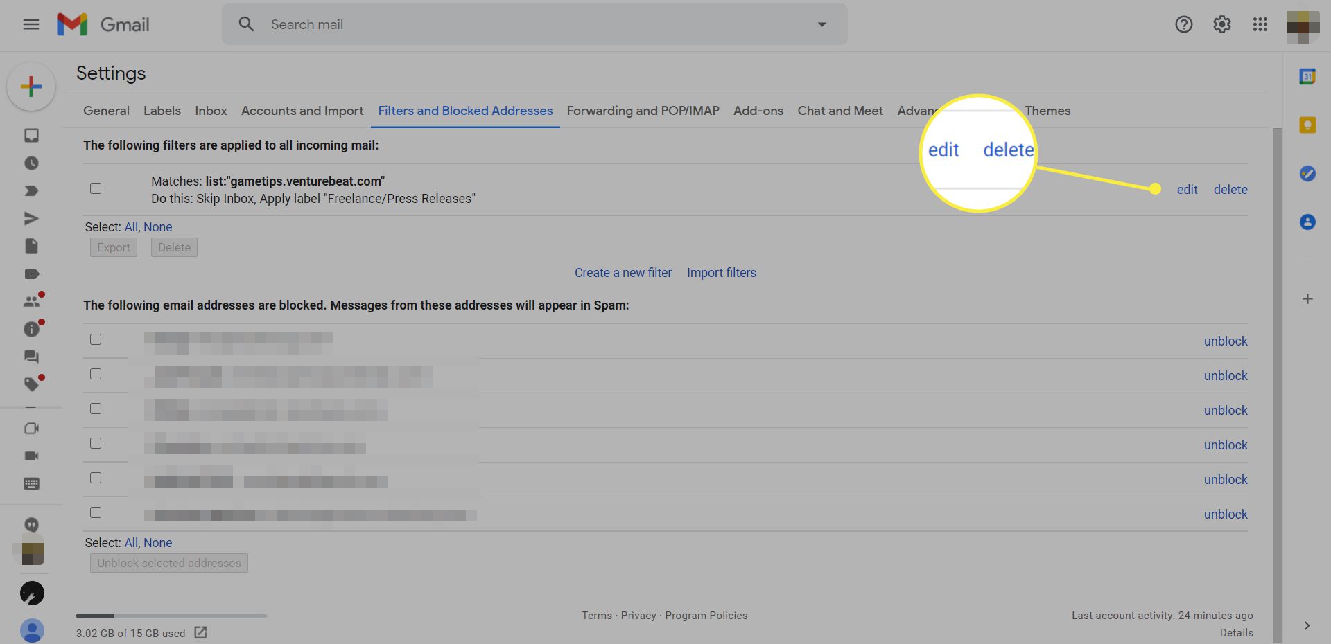Σελίδα φίλτρων Gmail και αποκλεισμένων διευθύνσεων με επισημασμένες τις επιλογές επεξεργασίας και διαγραφής φίλτρου