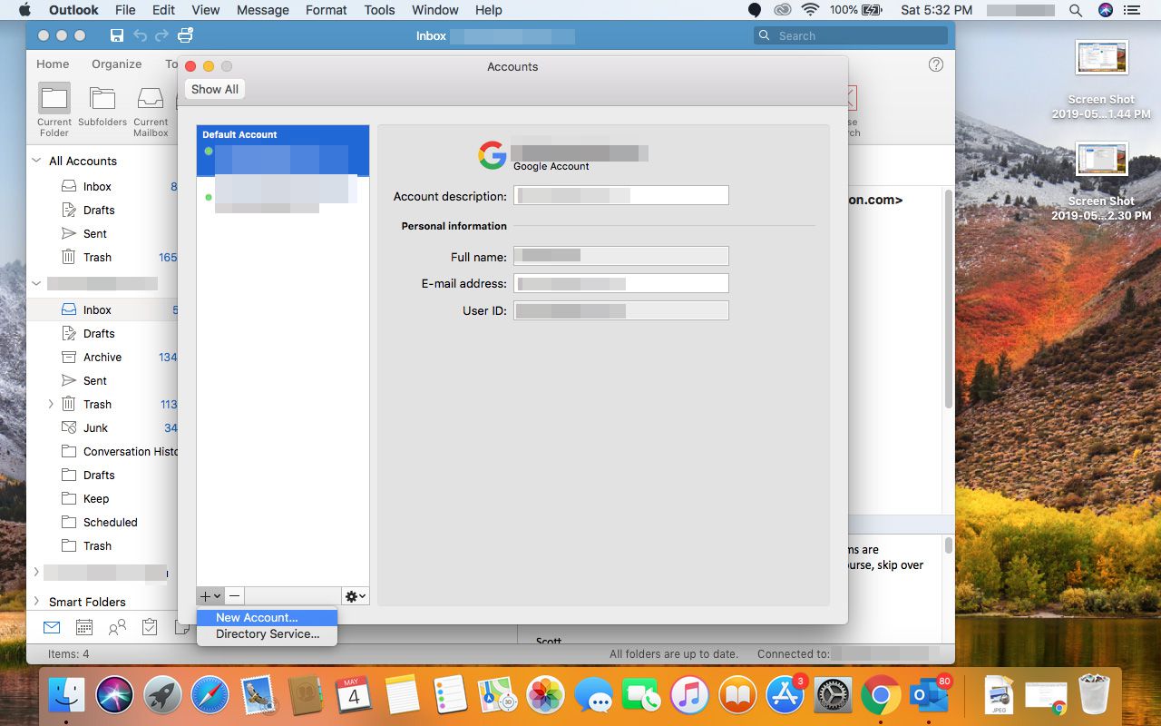 Επιλογή νέου λογαριασμού στο Outlook για Mac.