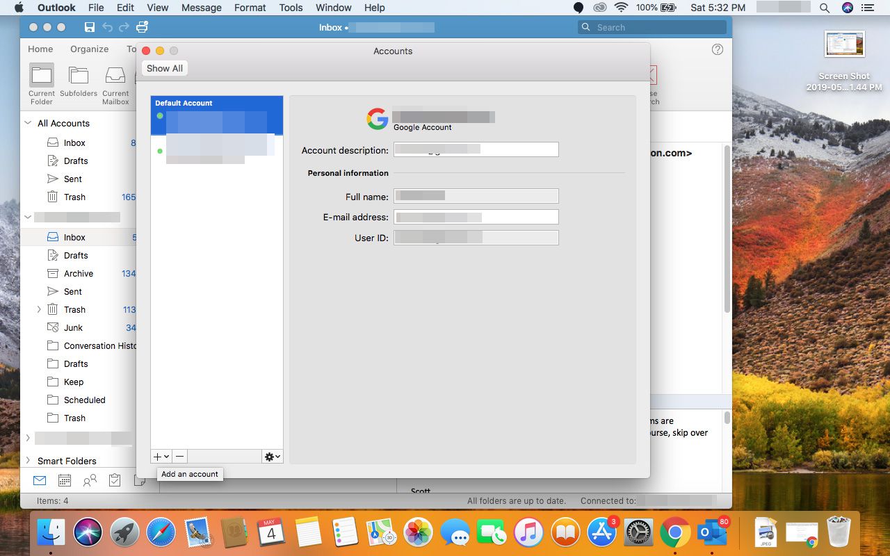 Επιλέγοντας Προσθήκη λογαριασμού στο Outlook για Mac.