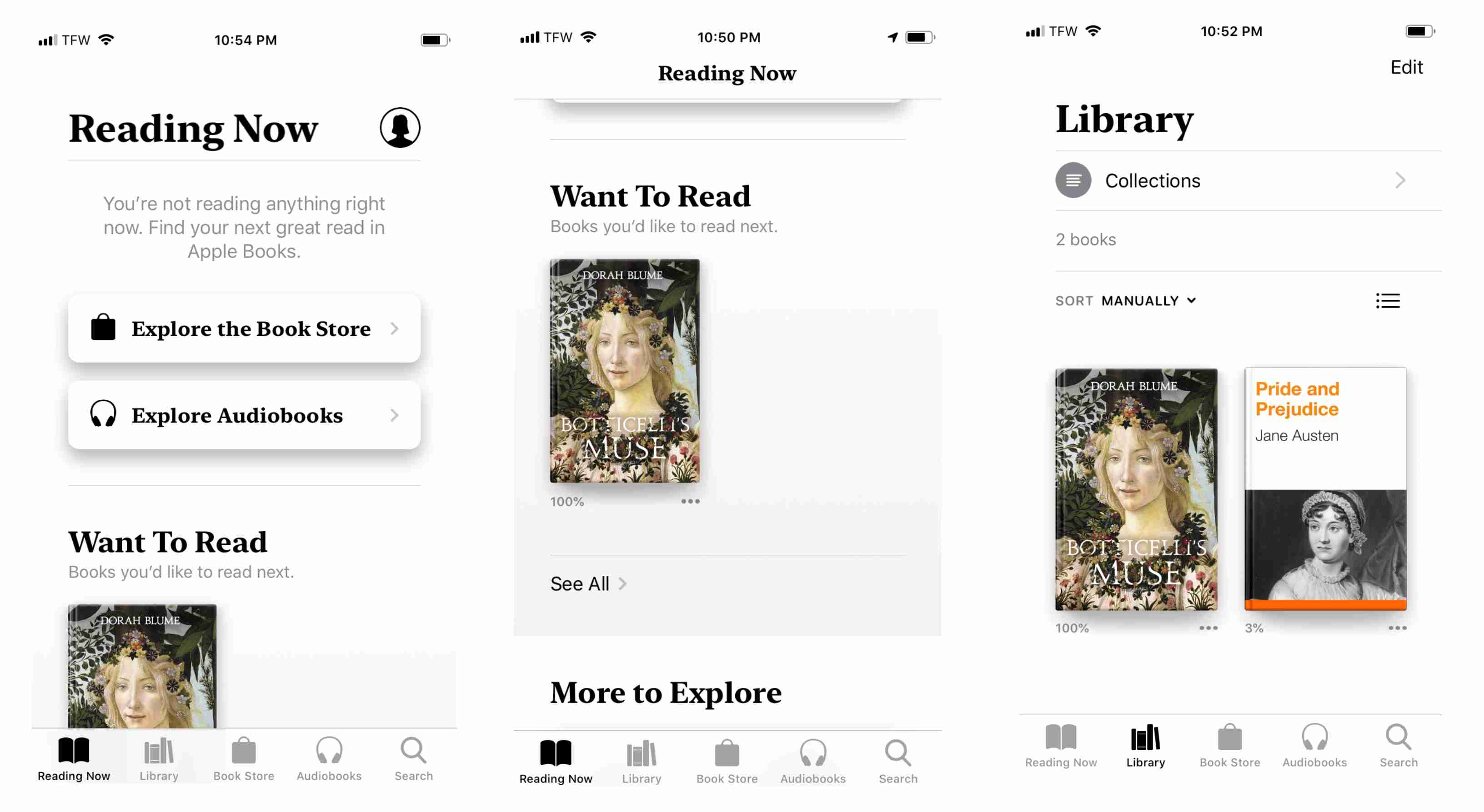 Στιγμιότυπο οθόνης των λειτουργιών του βιβλιοπωλείου στο iPhone
