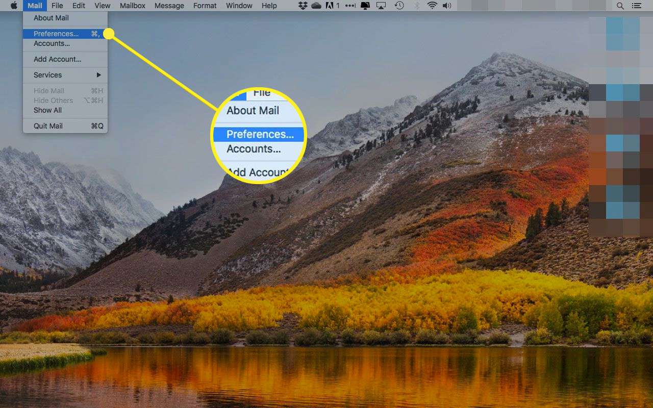 Mac OS X Mail με επισημασμένη την επιλογή Προτιμήσεις