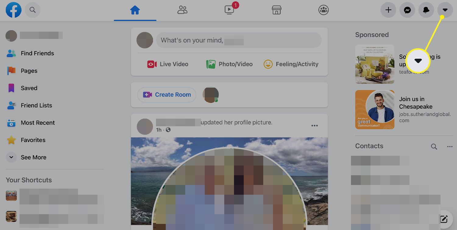 Κάτω βέλος πάνω δεξιά στο Facebook .com