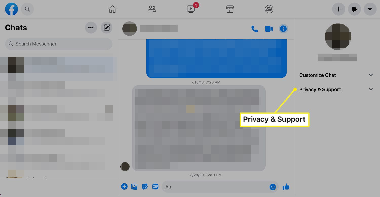 Μενού Messenger με επιλεγμένο απόρρητο και υποστήριξη