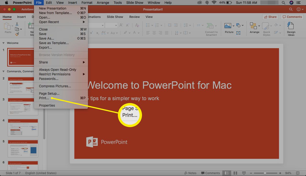 Επιλογή εκτύπωσης στο PowerPoint για Mac.