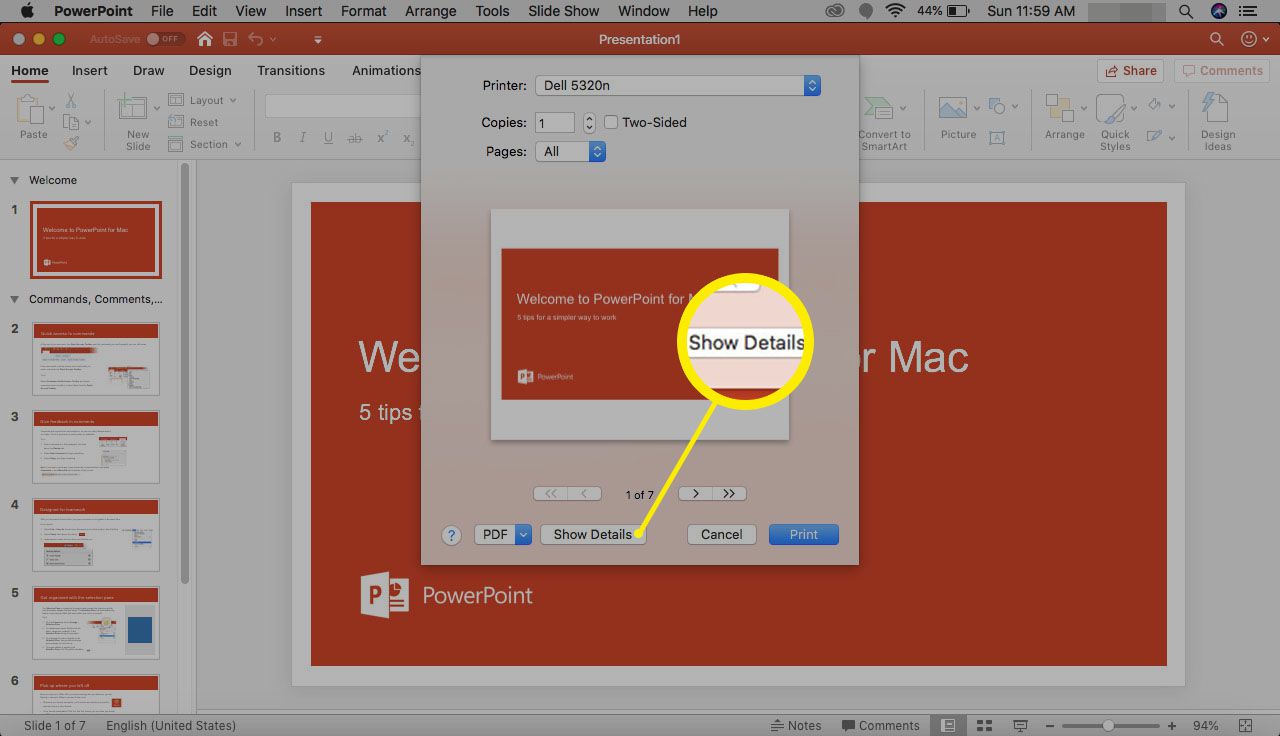 Εμφάνιση λεπτομερειών στο PowerPoint για Mac.