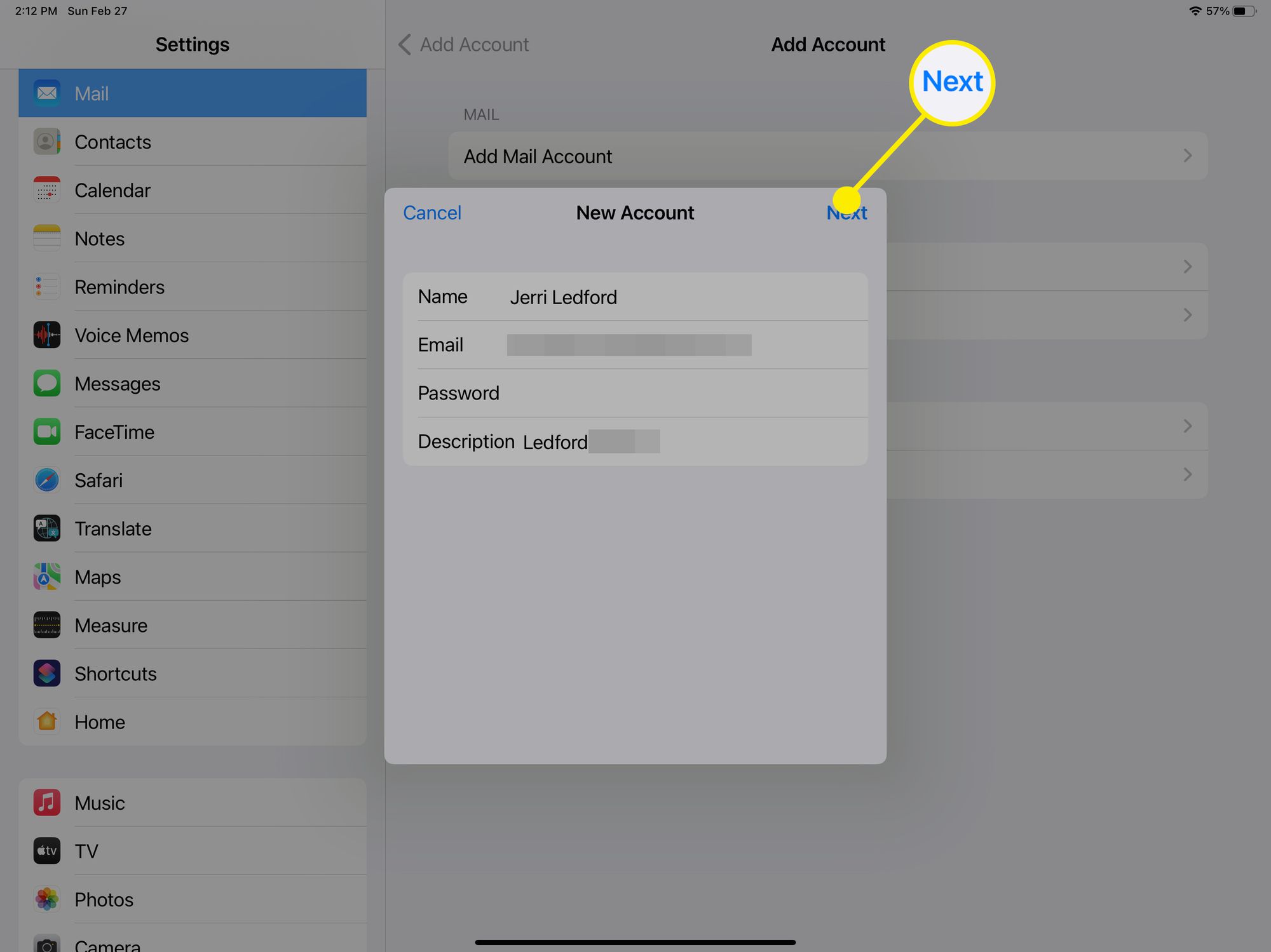 Πληροφορίες νέου λογαριασμού κατά την προσθήκη νέου λογαριασμού email στο iPad.