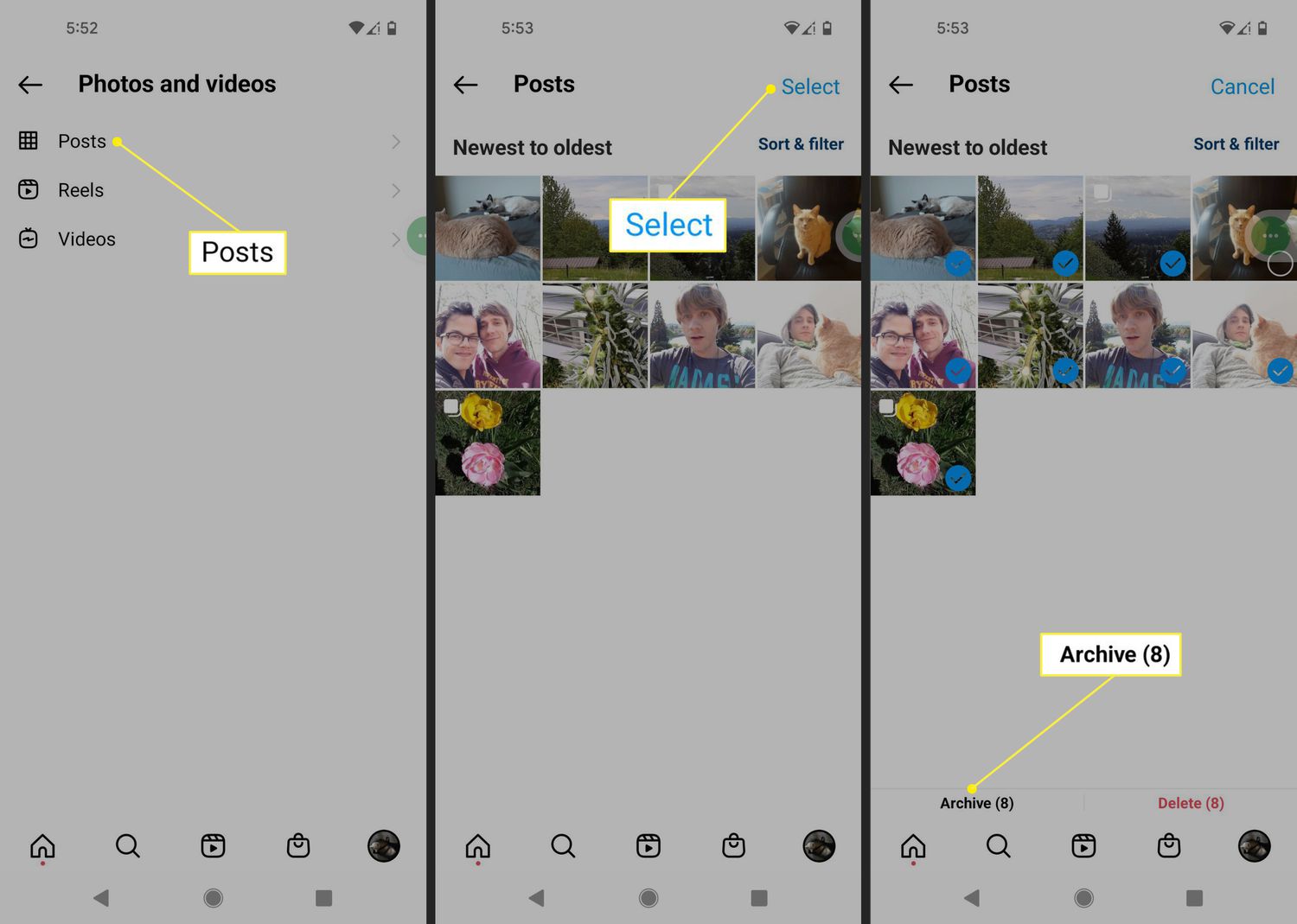 Αναρτήσεις, Επιλογή και Αρχειοθέτηση στην εφαρμογή Instagram