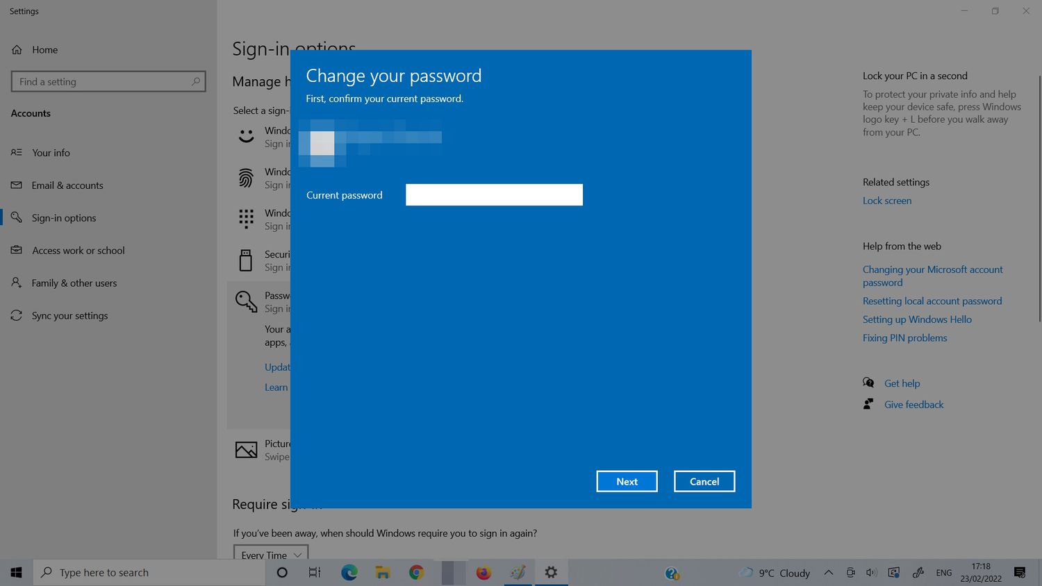 Οθόνη αλλαγής κωδικού πρόσβασης στα Windows 10.