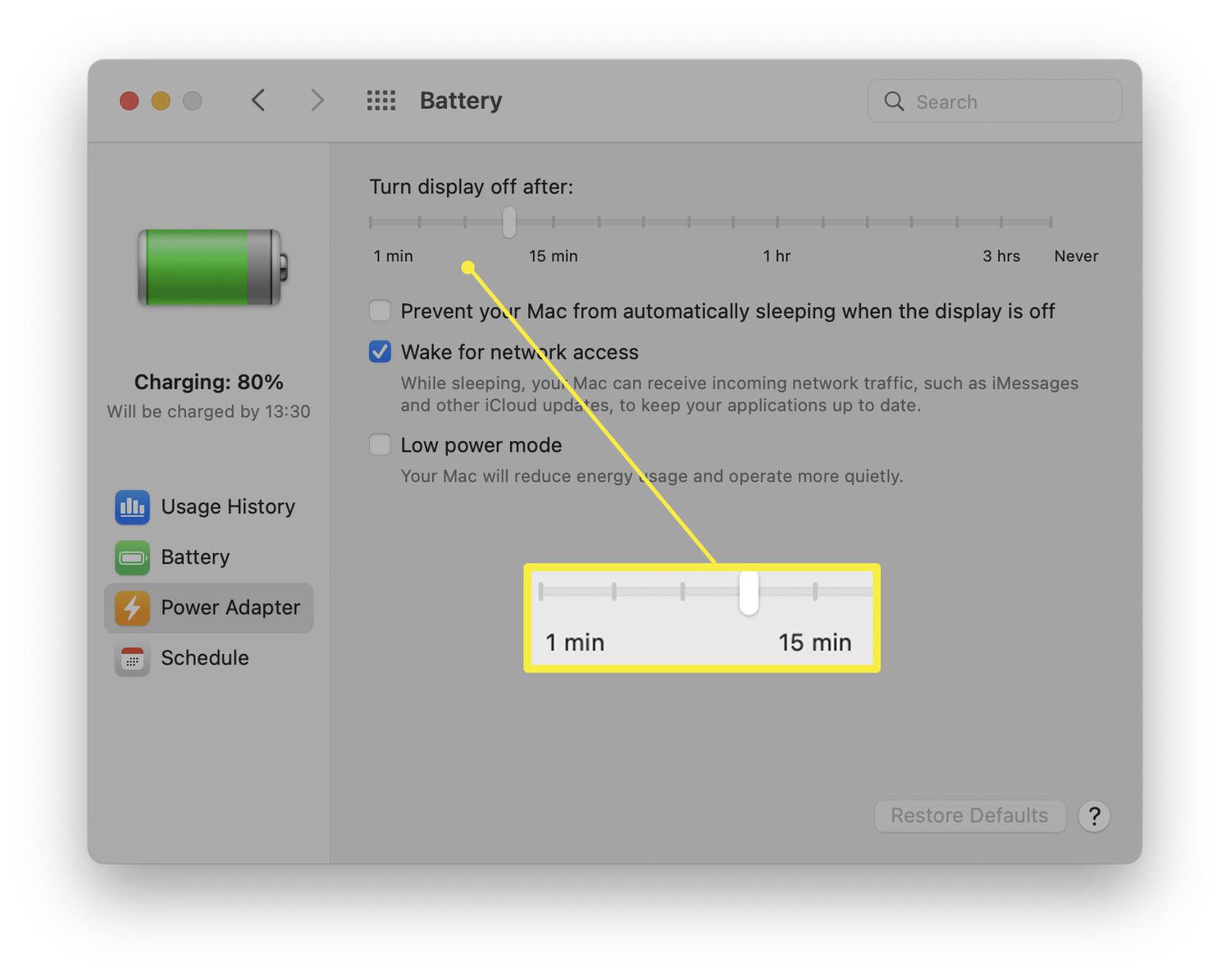 Επισημαίνονται οι προτιμήσεις μπαταρίας σε MacOS με ρυθμιστικό για την αλλαγή του χρόνου μέχρι να σβήσει η οθόνη.