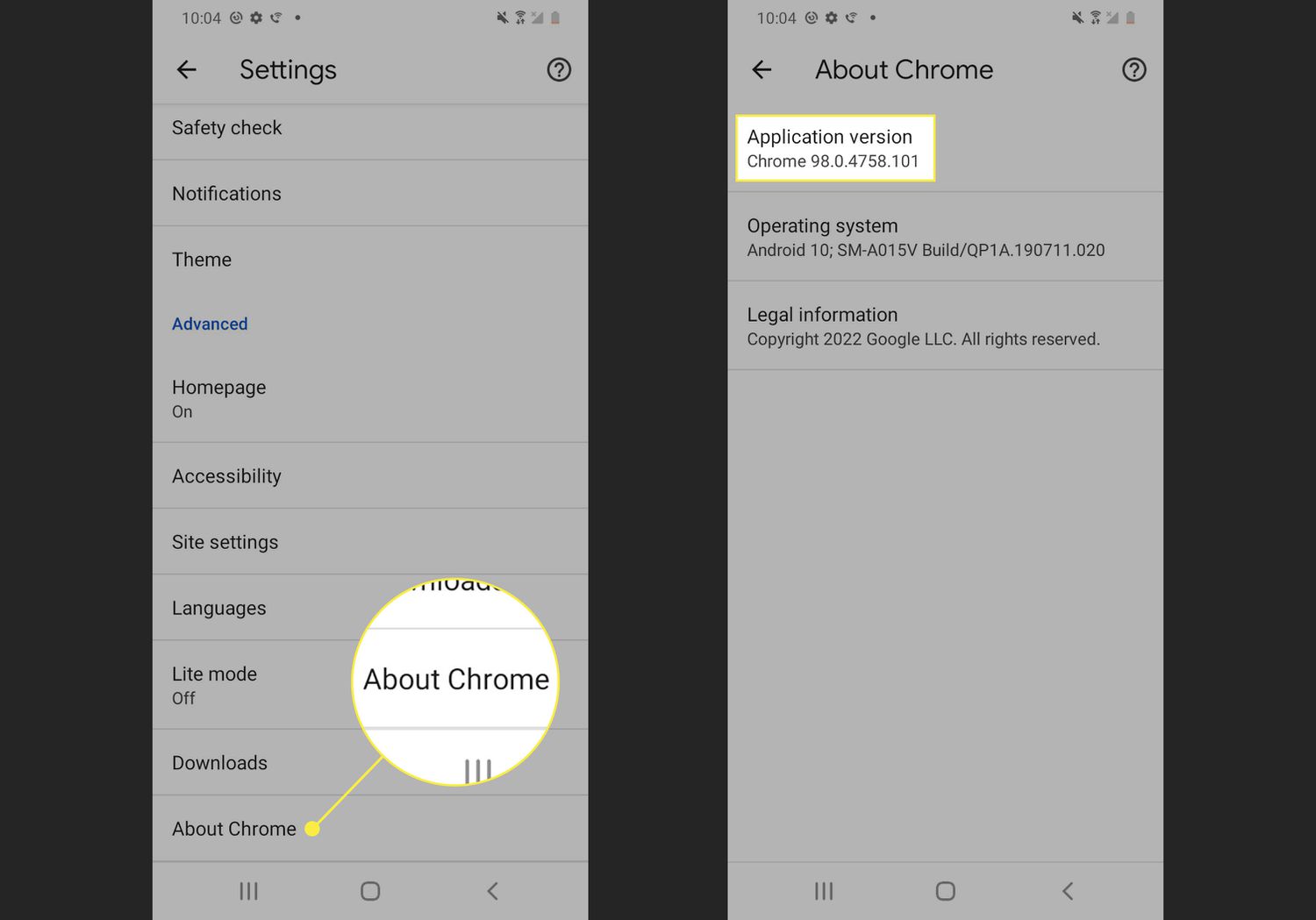 Βήματα για να βρείτε τον αριθμό έκδοσης του Google Chrome στο Android.