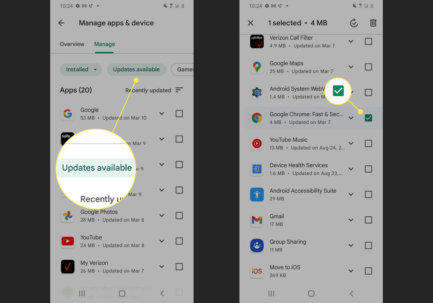 Οθόνη ενημέρωσης εφαρμογής Google Play Store με το Google Chrome επιλεγμένο για ενημέρωση.