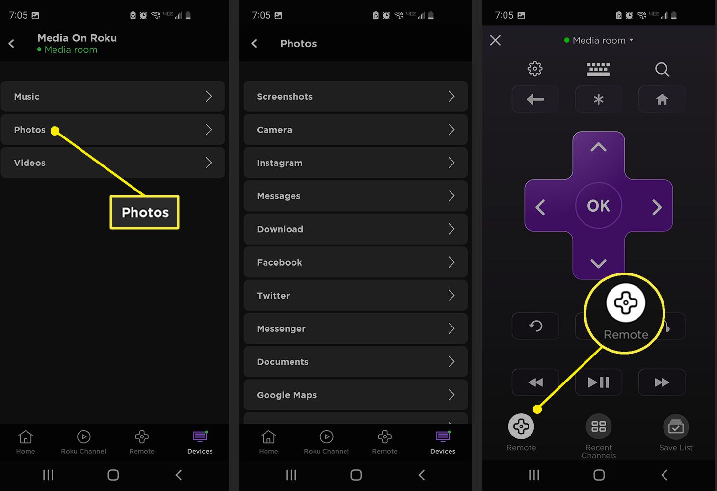 Εφαρμογή Roku που εμφανίζει πηγές μέσων με δυνατότητα cast και το κουμπί Remote