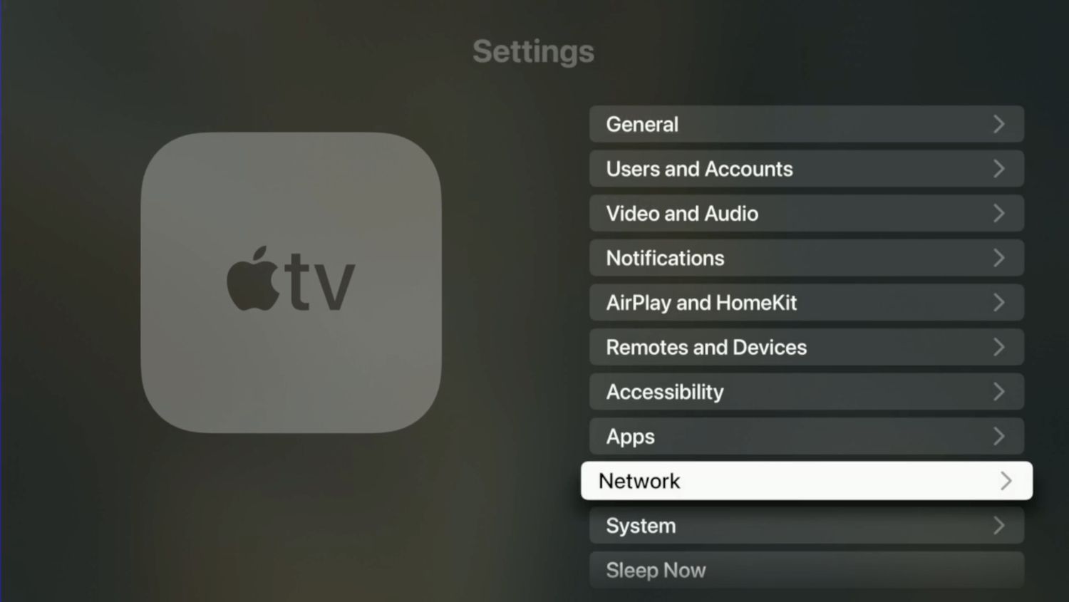 Η επικεφαλίδα δικτύου στις ρυθμίσεις Apple TV
