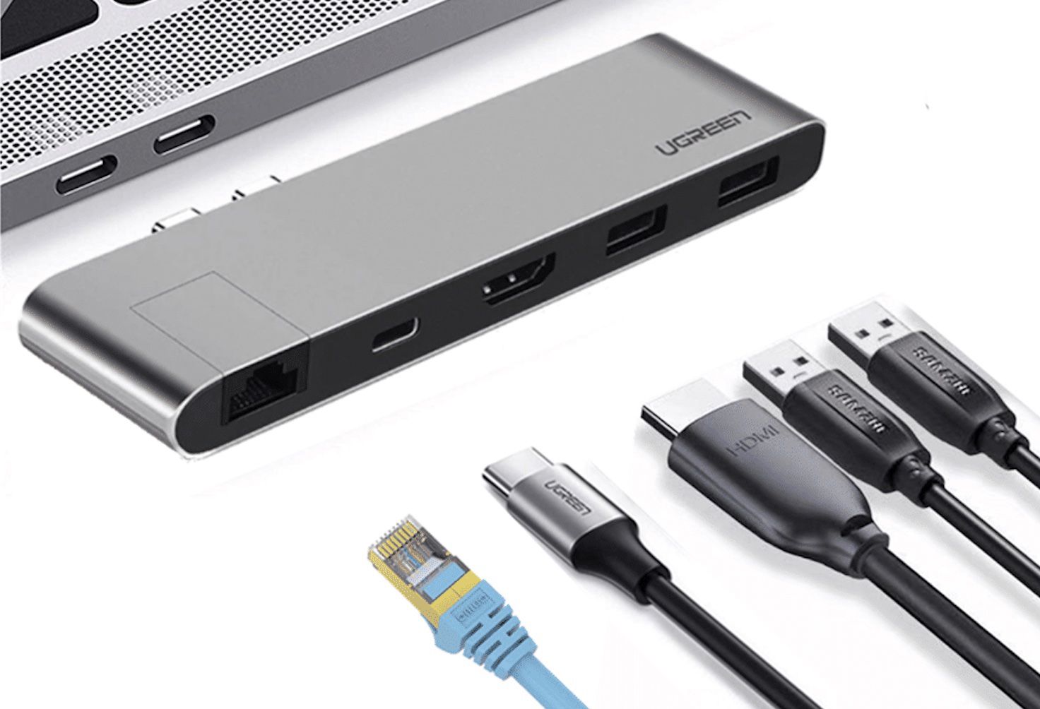 Μια βάση σύνδεσης για Mac με θύρες Ethernet, USB-C, USB-A και HDMI