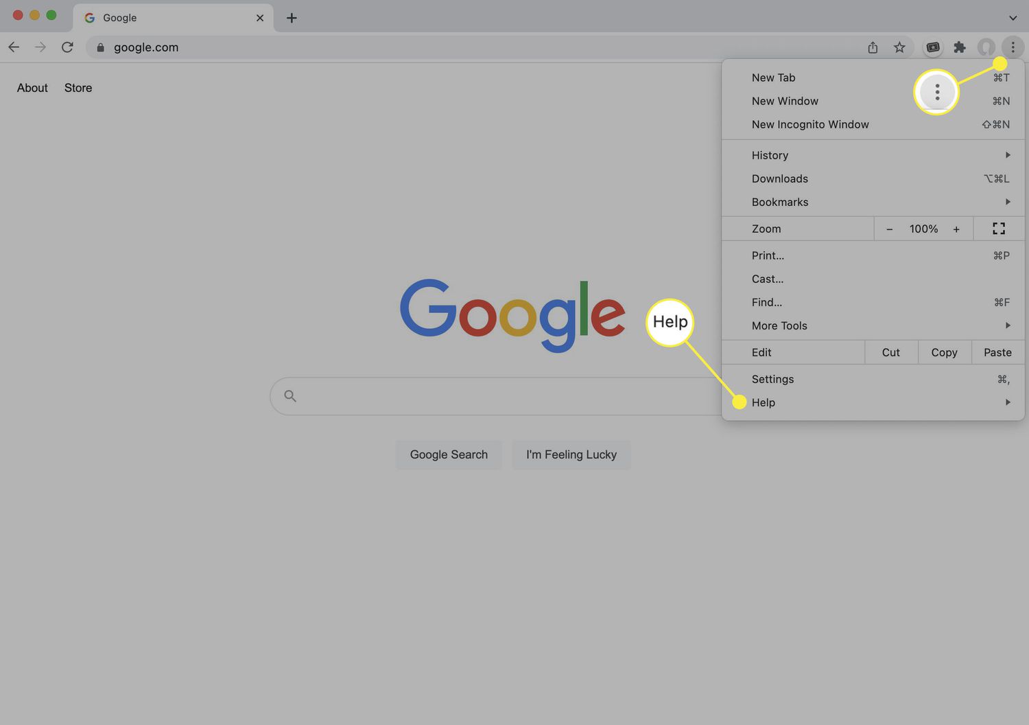 Το κουμπί μενού και το στοιχείο μενού Βοήθεια που επισημαίνονται στο Google Chrome σε Mac.