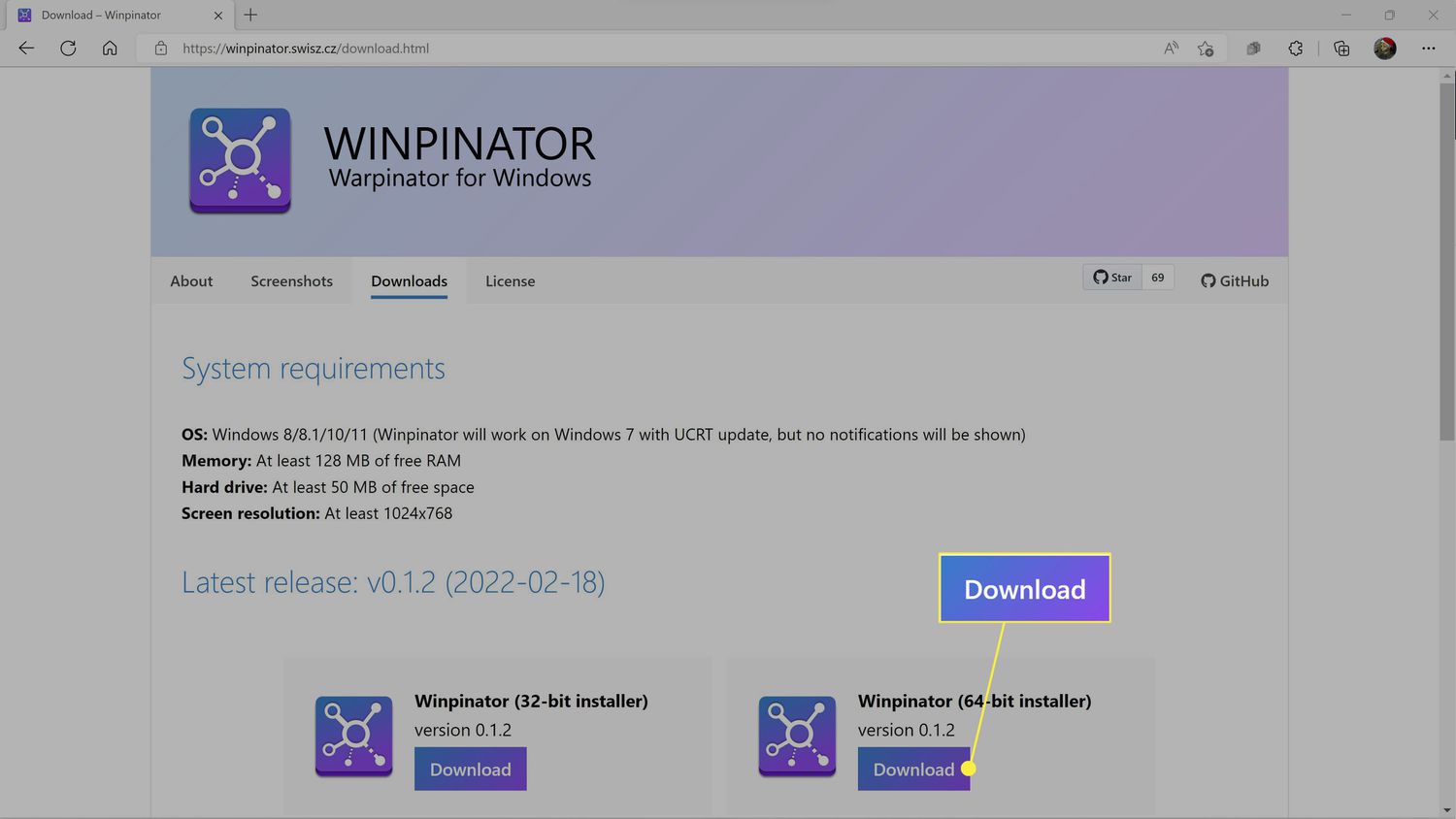 Η λήψη επισημαίνεται στον ιστότοπο Winpinator.