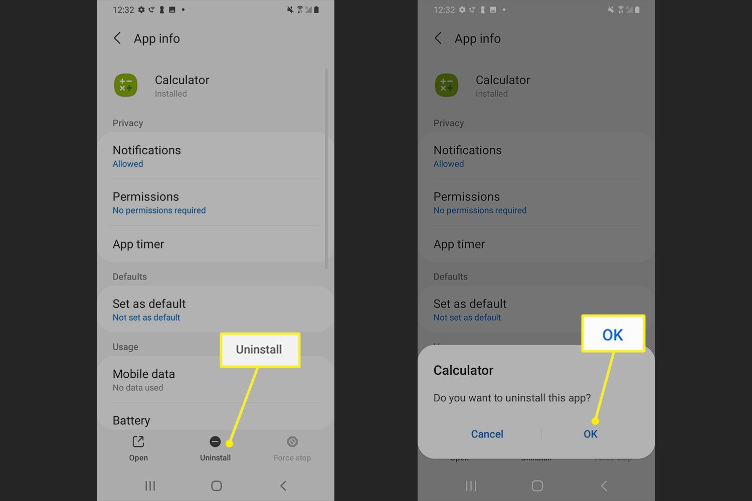 Εφαρμογή Android με την ένδειξη Απεγκατάσταση και επιβεβαίωση