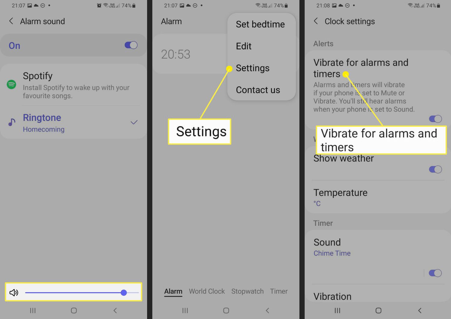 Ένταση ήχου συναγερμού σε ρύθμιση Android και Vibrate for Alarm